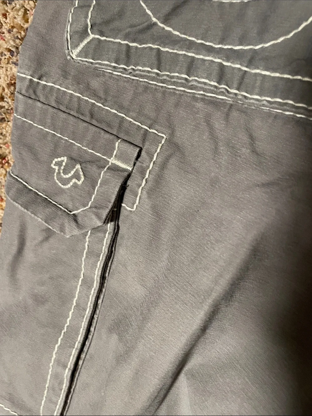 True Religion Men's Gray Cargo Shorts with White Contrast Stitching